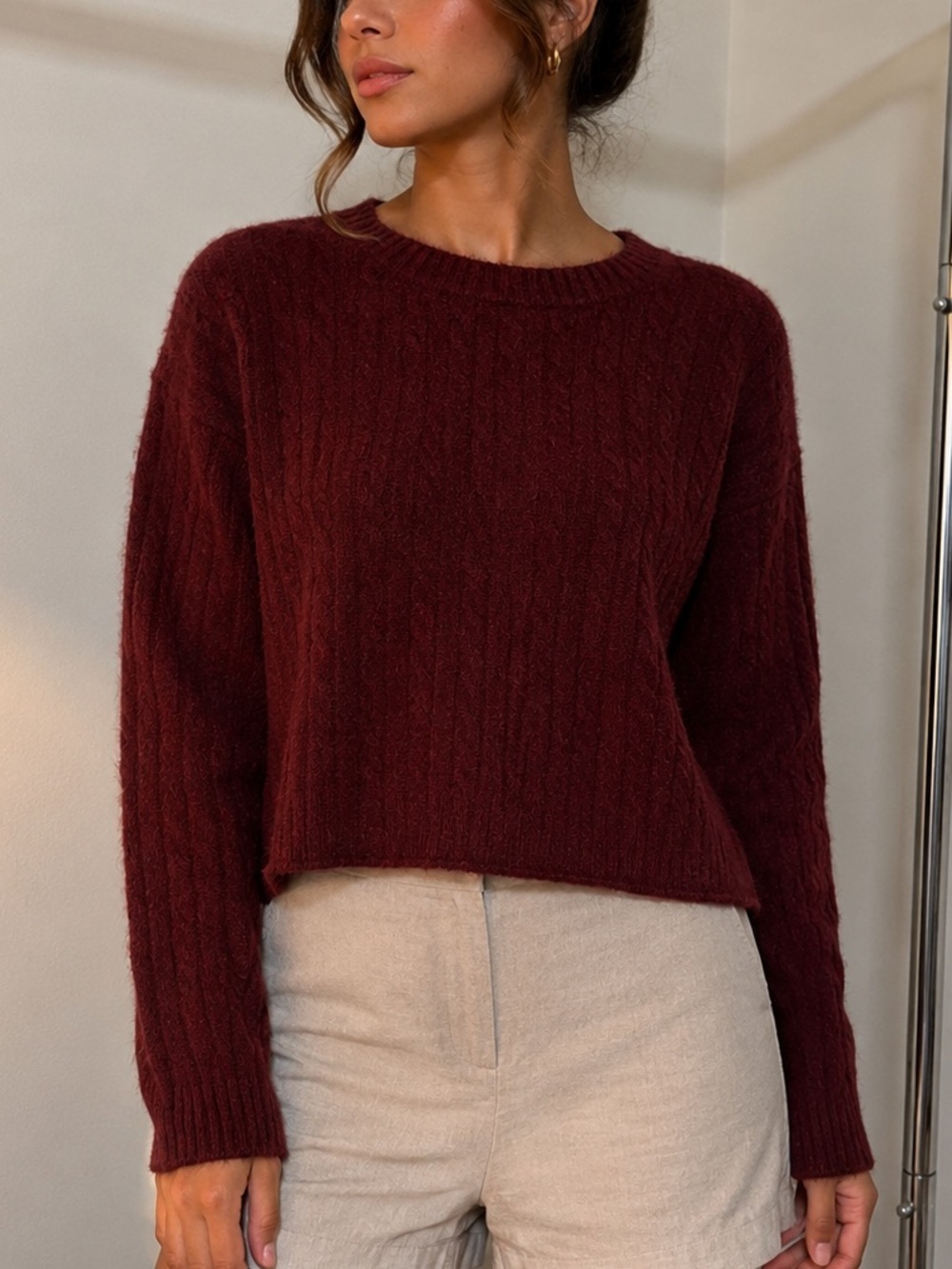 DKNY Jeans Burgundy Cable Knit Sweater Women Size M Knitwear Long Sleeve Cozy